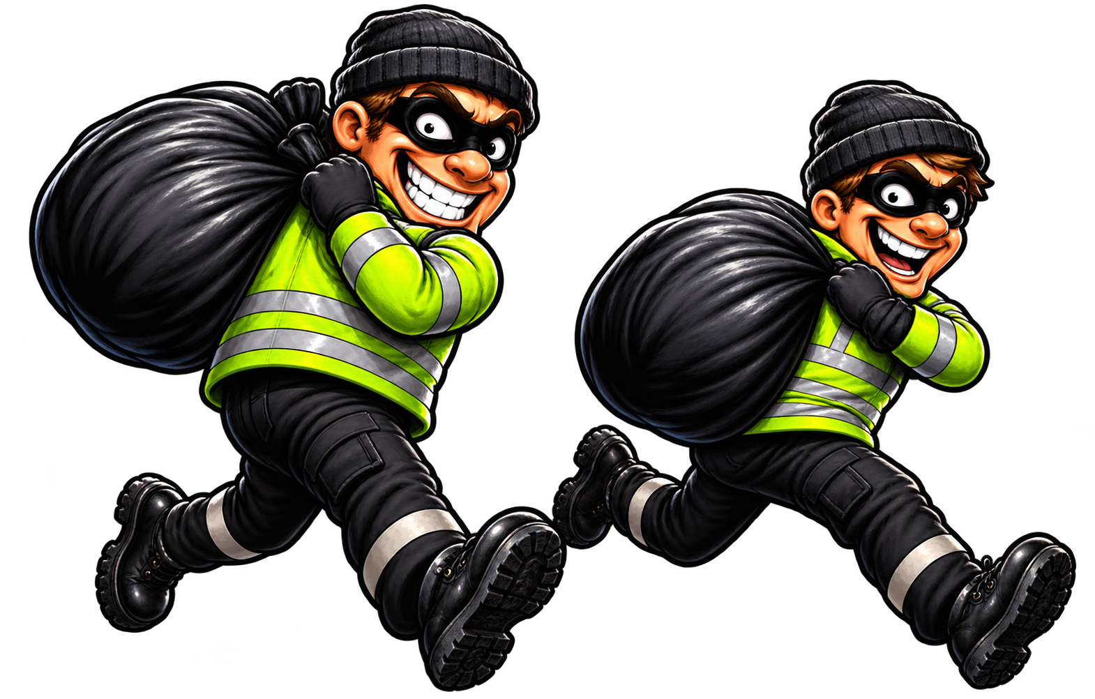 The two Rubbish Runners cartoon mascots carrying rubbish sacks